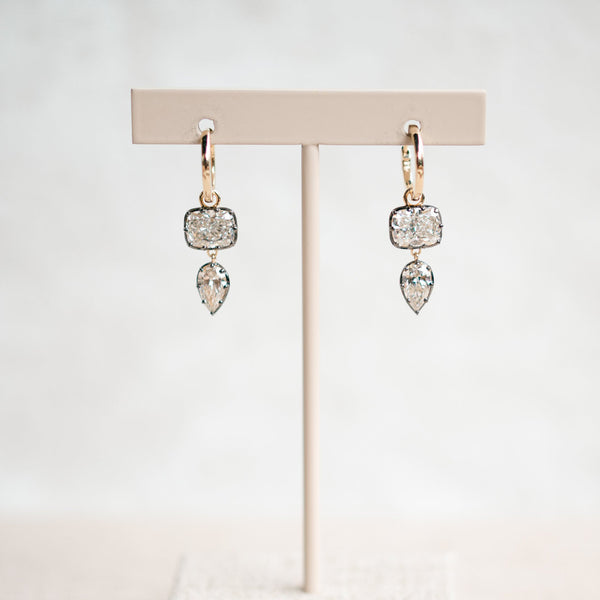 Georgian cushion and pear lab grown diamond dangle earrings