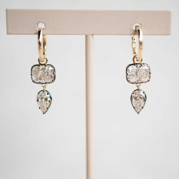 Georgian cushion and pear lab grown diamond dangle earrings