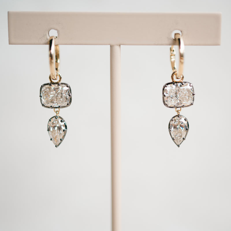 Georgian cushion and pear lab grown diamond dangle earrings