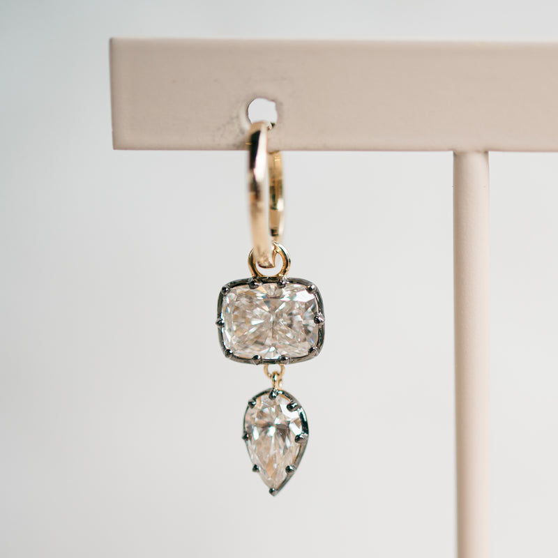 Georgian cushion and pear lab grown diamond dangle earrings
