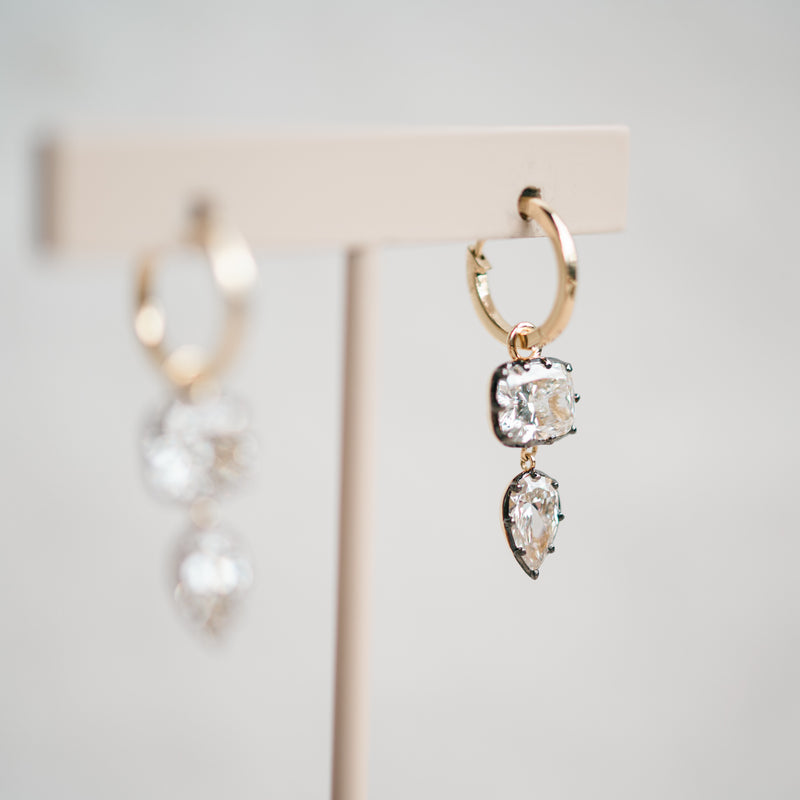 Georgian cushion and pear lab grown diamond dangle earrings