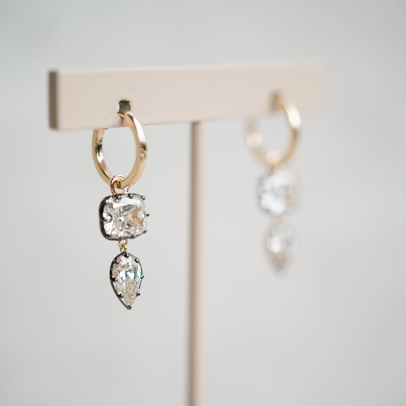 Georgian cushion and pear lab grown diamond dangle earrings