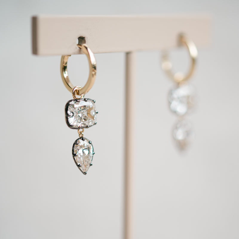 Georgian cushion and pear lab grown diamond dangle earrings