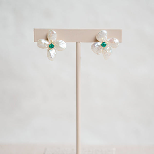 pearl and emerald flower studs