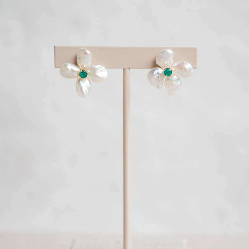 pearl and emerald flower studs