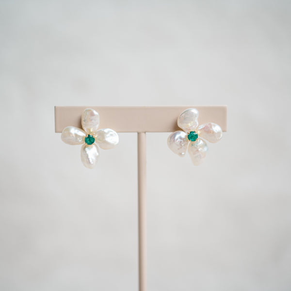 pearl and emerald flower studs