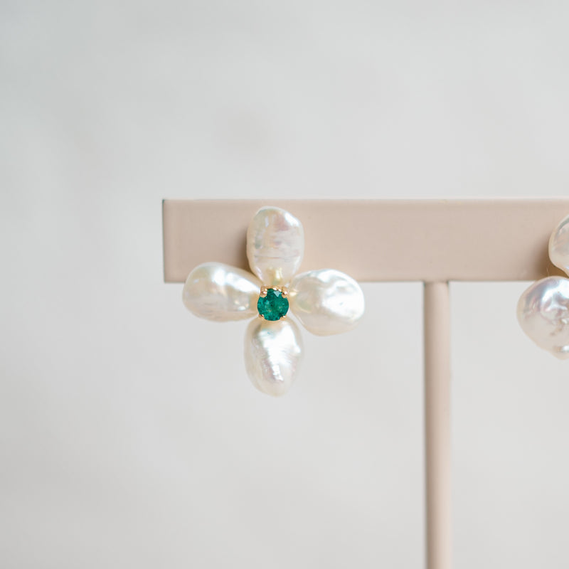 pearl and emerald flower studs