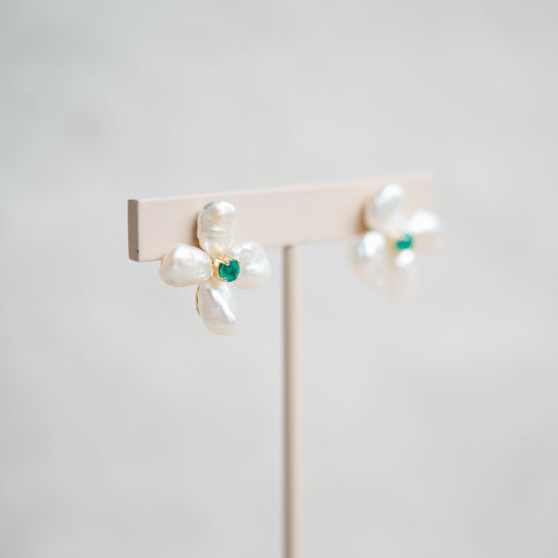 pearl and emerald flower studs