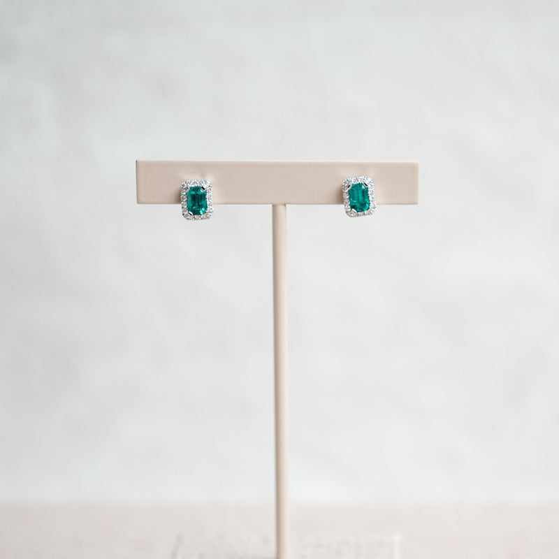 emerald cut emerald and diamond stud earrings