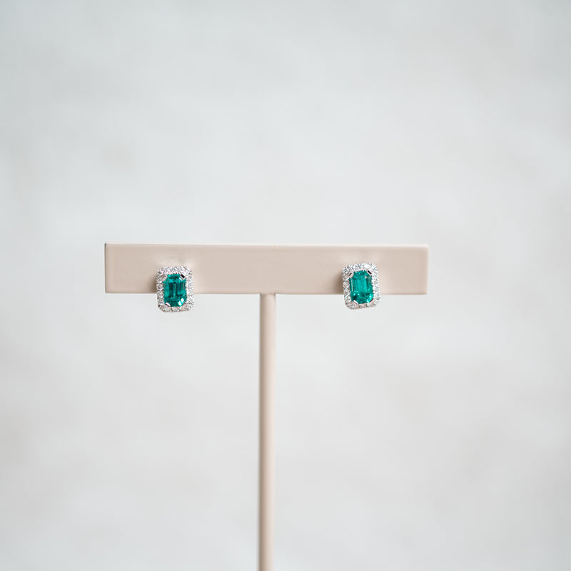 emerald cut emerald and diamond stud earrings