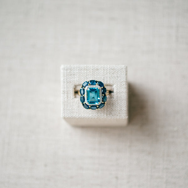 Blue Topaz, diamond and sapphire ring