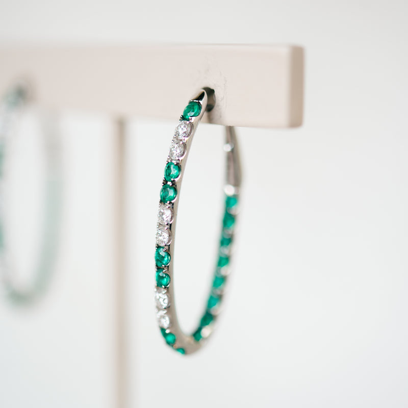 Emerald and Diamond Elongated Hoops