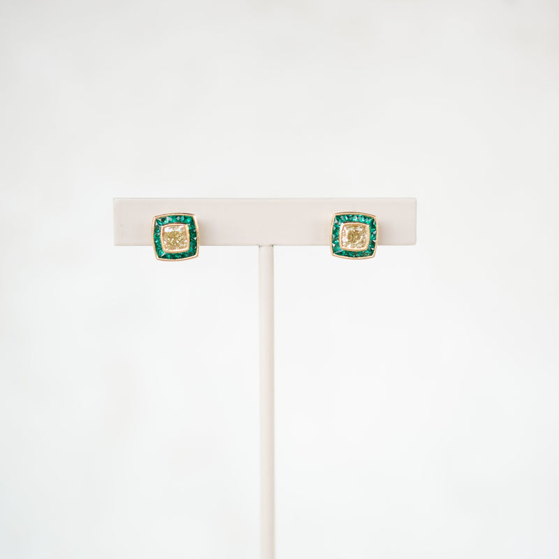 Yellow Diamond and Emerald Halo Earrings