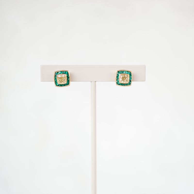 Yellow Diamond and Emerald Halo Earrings