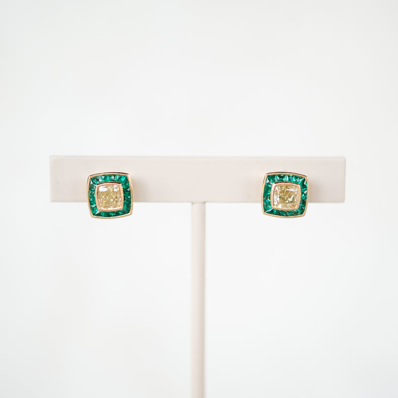 Yellow Diamond and Emerald Halo Earrings