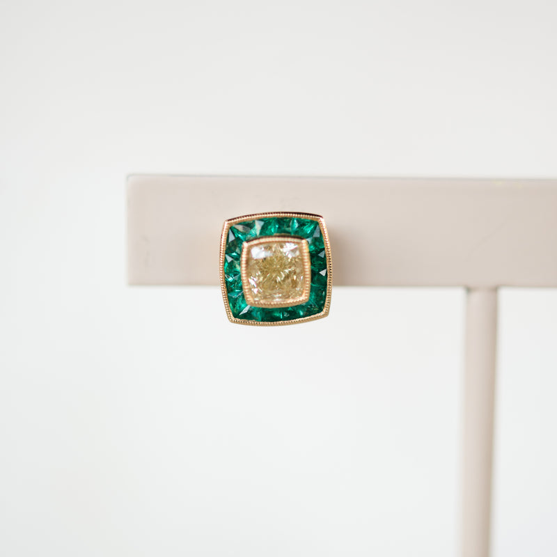 Yellow Diamond and Emerald Halo Earrings