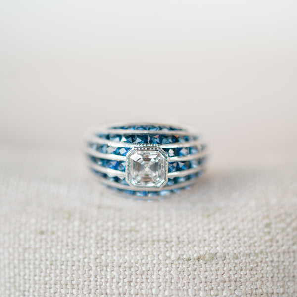 Asscher Diamond and French Cut Sapphire Ring