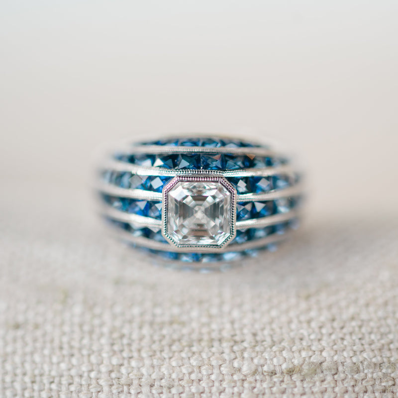 Asscher Diamond and French Cut Sapphire Ring