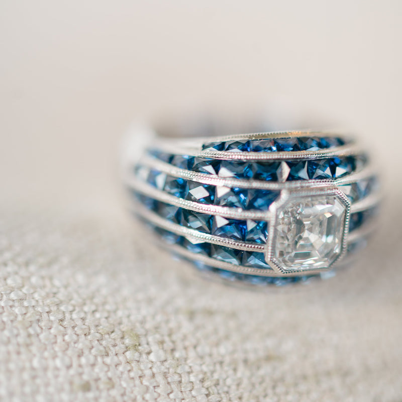 Asscher Diamond and French Cut Sapphire Ring