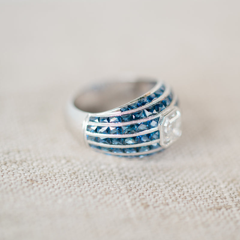 Asscher Diamond and French Cut Sapphire Ring