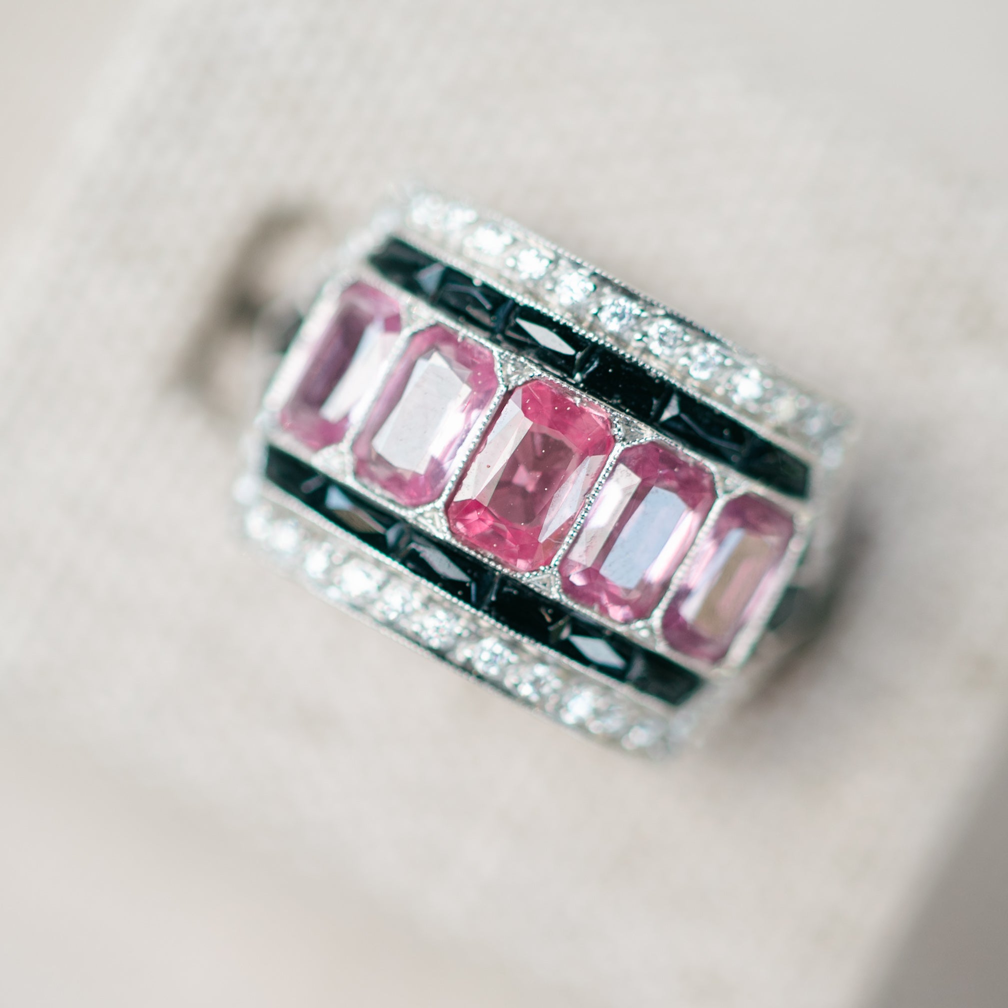 Pink Sapphire, Onyx and Diamond Ring