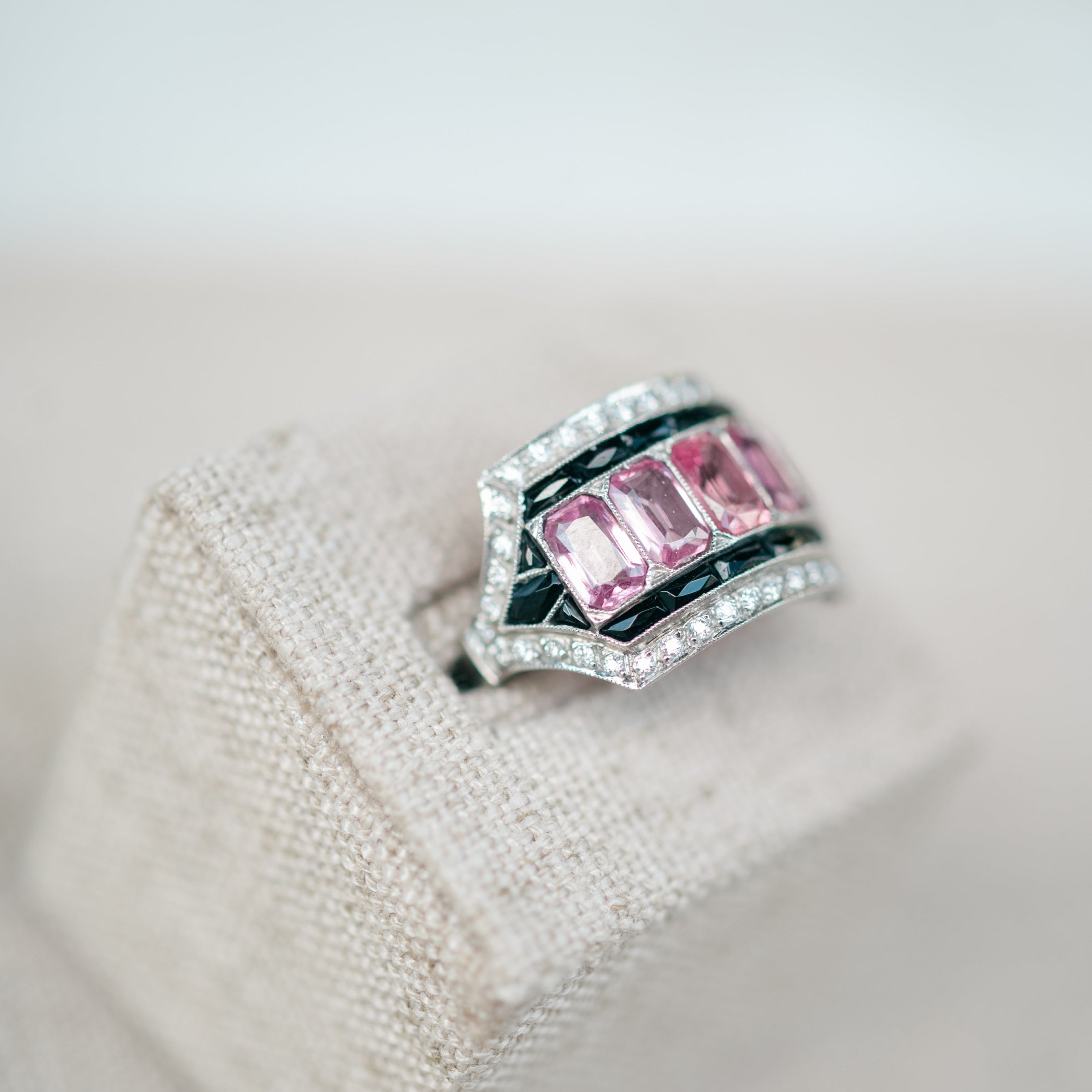 Pink Sapphire, Onyx and Diamond Ring