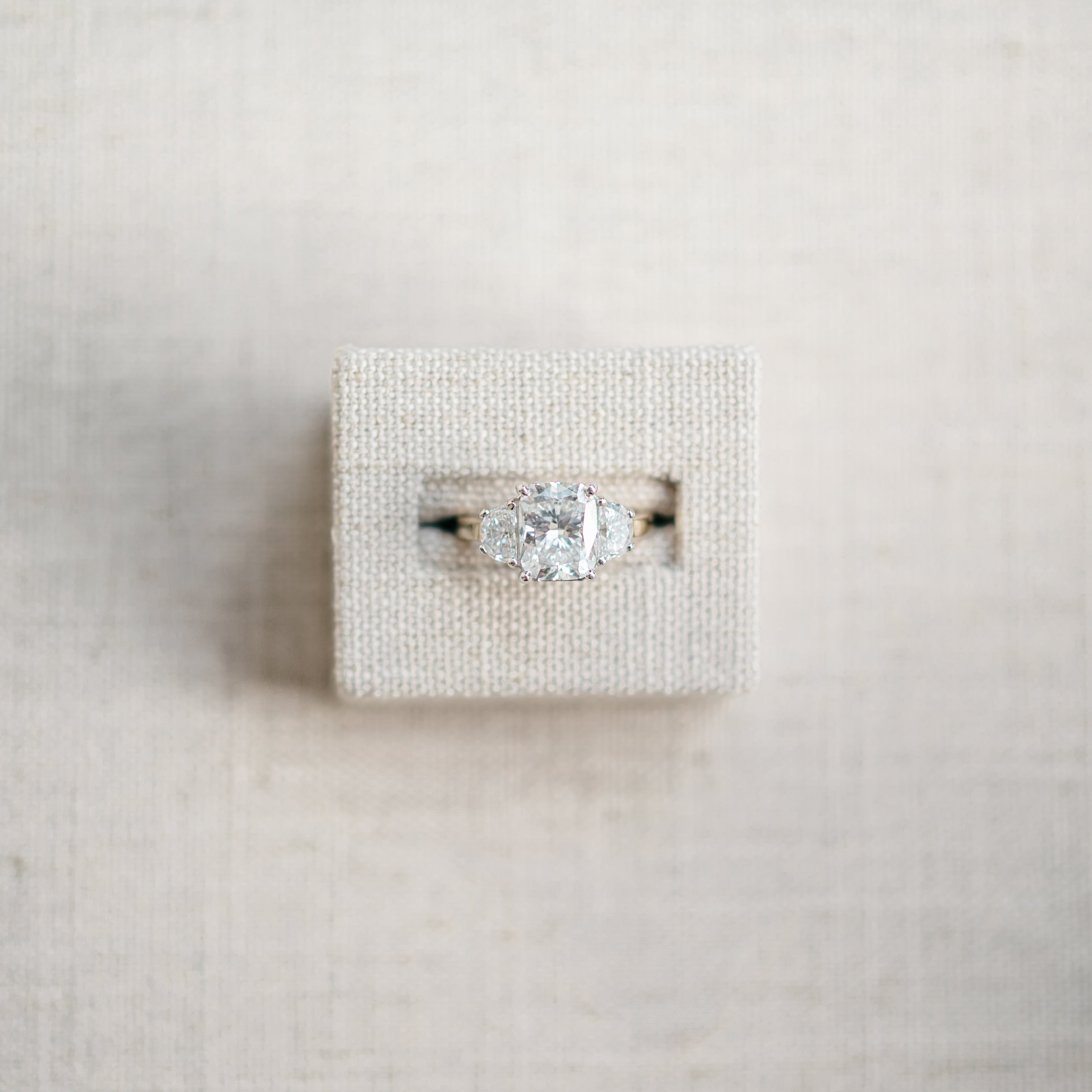 elongated cushion and half moon diamond ring