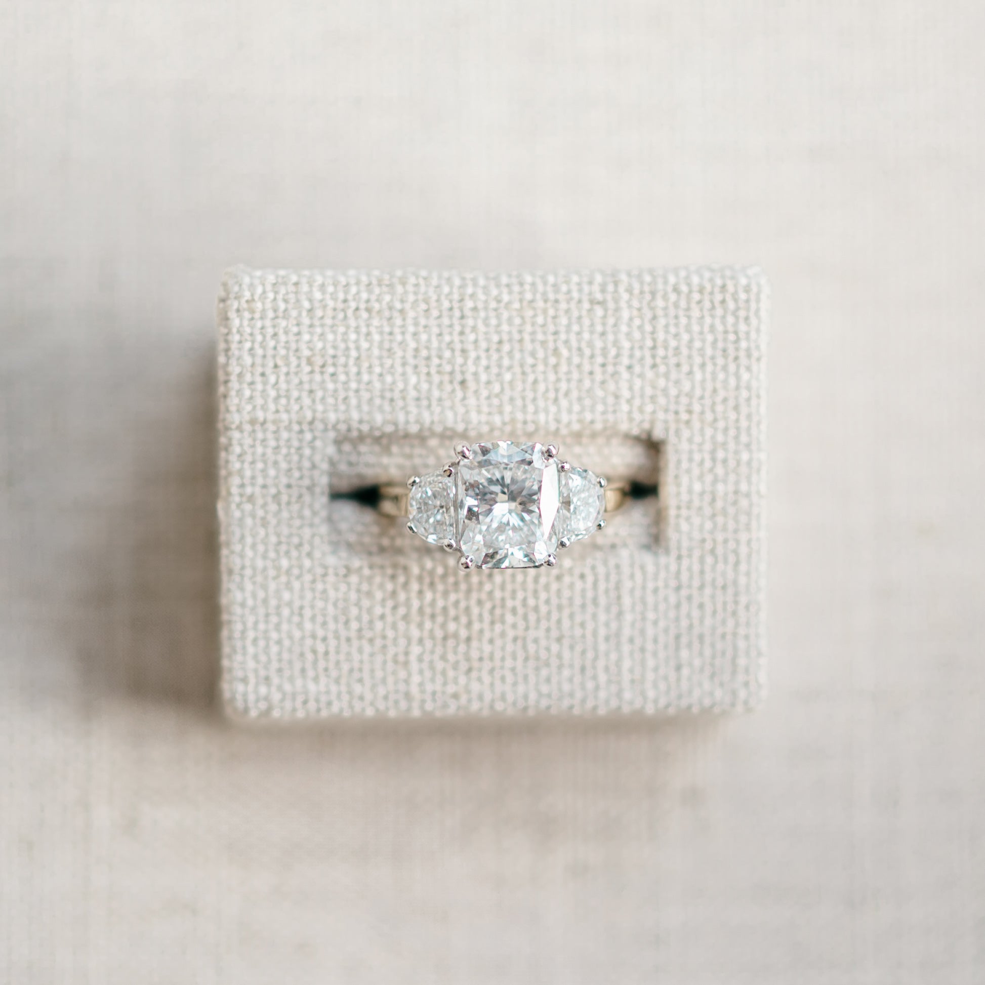 elongated cushion and half moon diamond ring