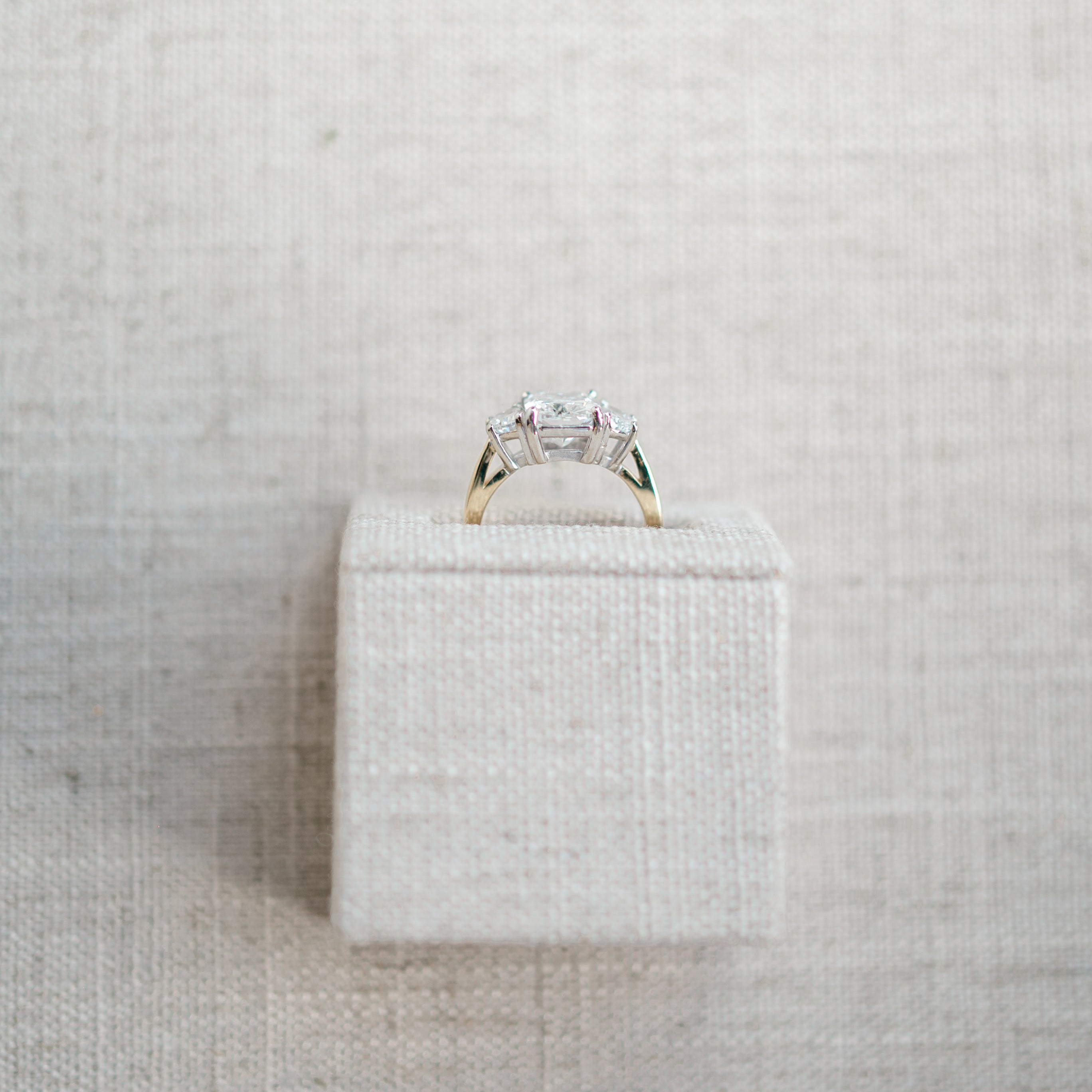 elongated cushion and half moon diamond ring