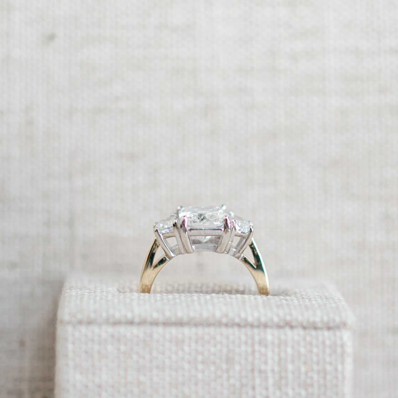 elongated cushion and half moon diamond ring