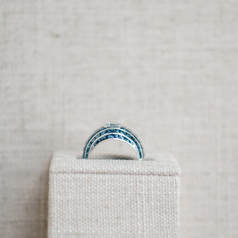 Asscher Diamond and French Cut Sapphire Ring