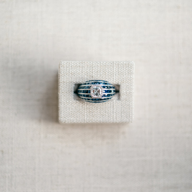 Asscher Diamond and French Cut Sapphire Ring