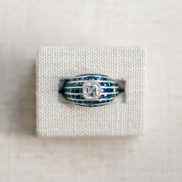 Asscher Diamond and French Cut Sapphire Ring