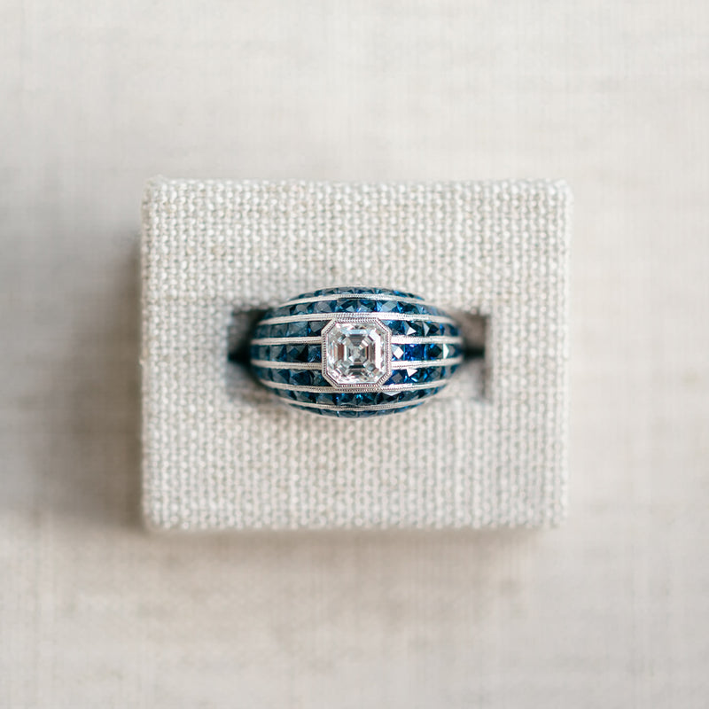 Asscher Diamond and French Cut Sapphire Ring