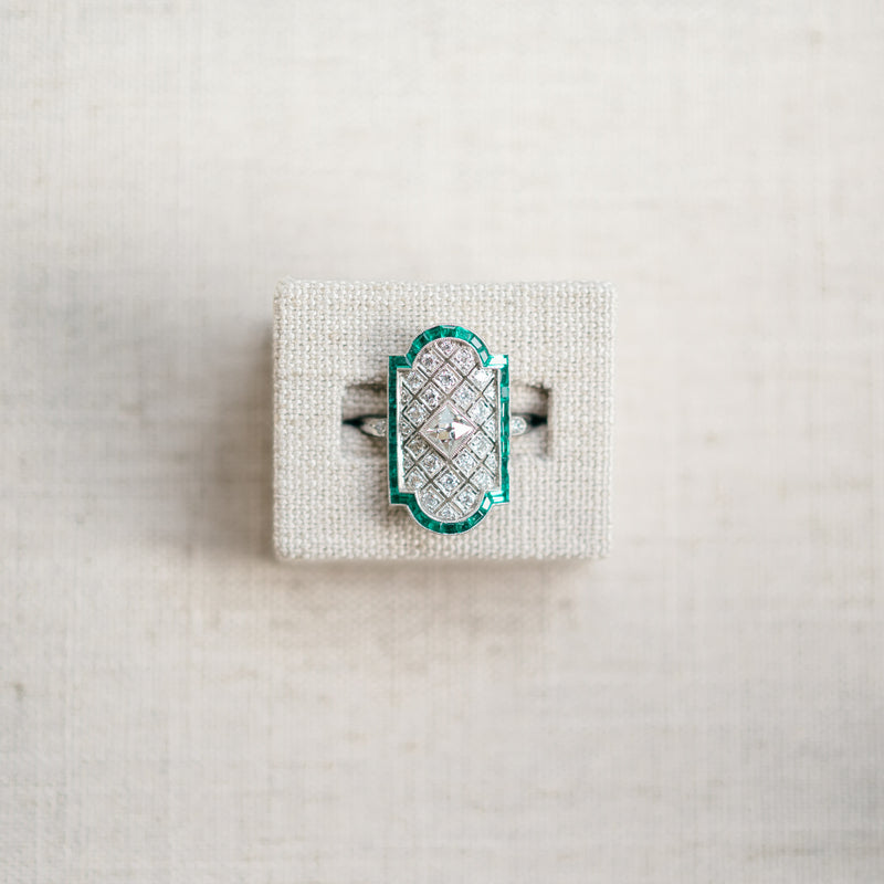 French Cut Diamond and Emerald Ring