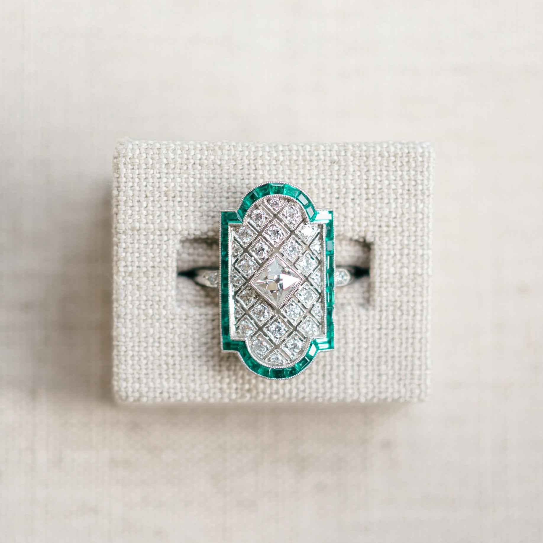 French Cut Diamond and Emerald Ring