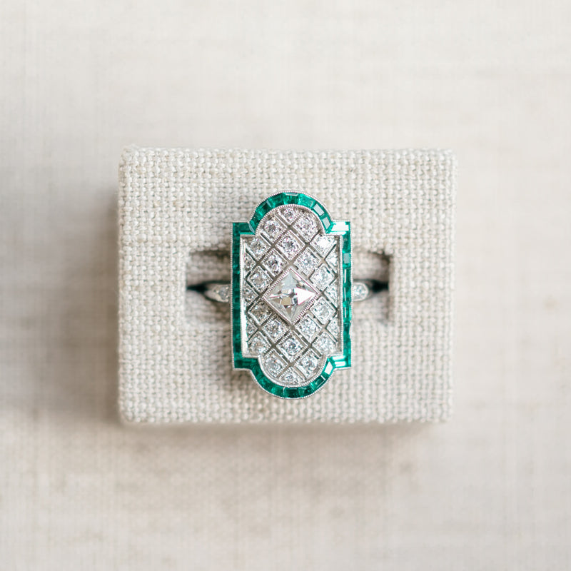 French Cut Diamond and Emerald Ring