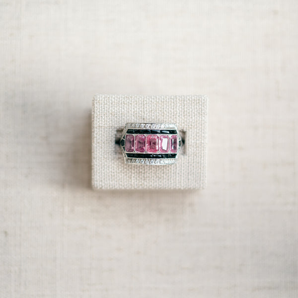 Pink Sapphire, Onyx and Diamond Ring