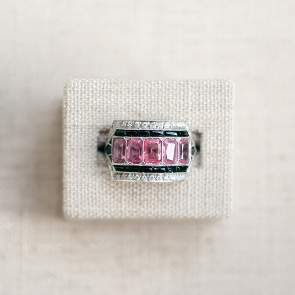 Pink Sapphire, Onyx and Diamond Ring