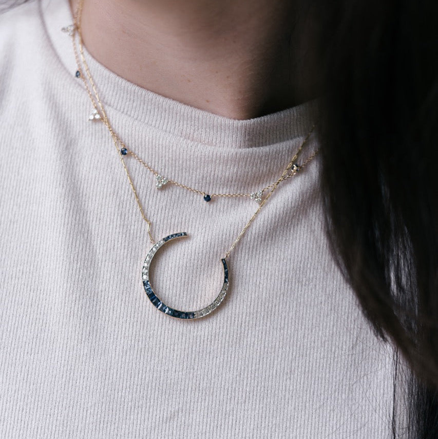Diamond and Sapphire Crescent Necklace