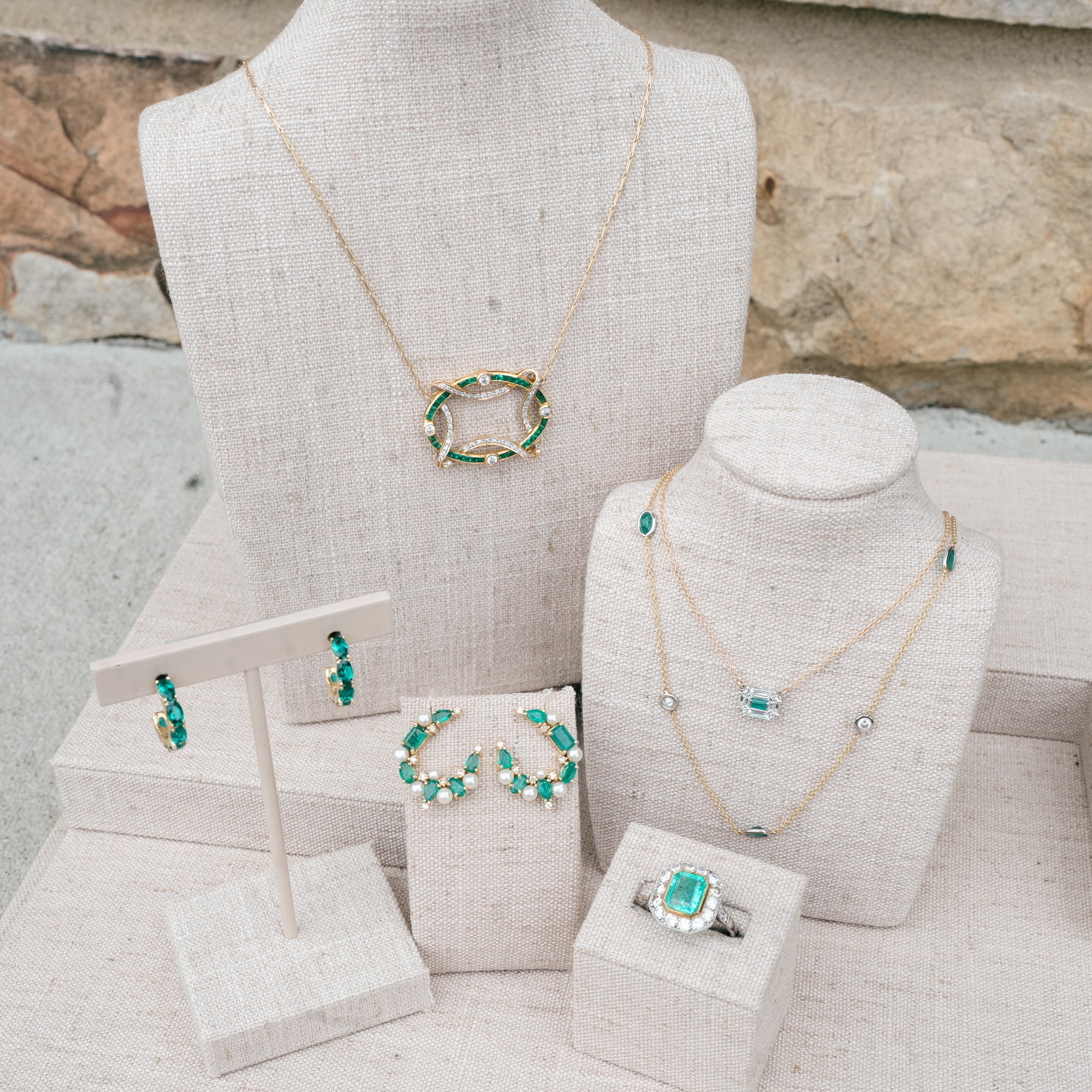 emerald and pearl crescent earrings