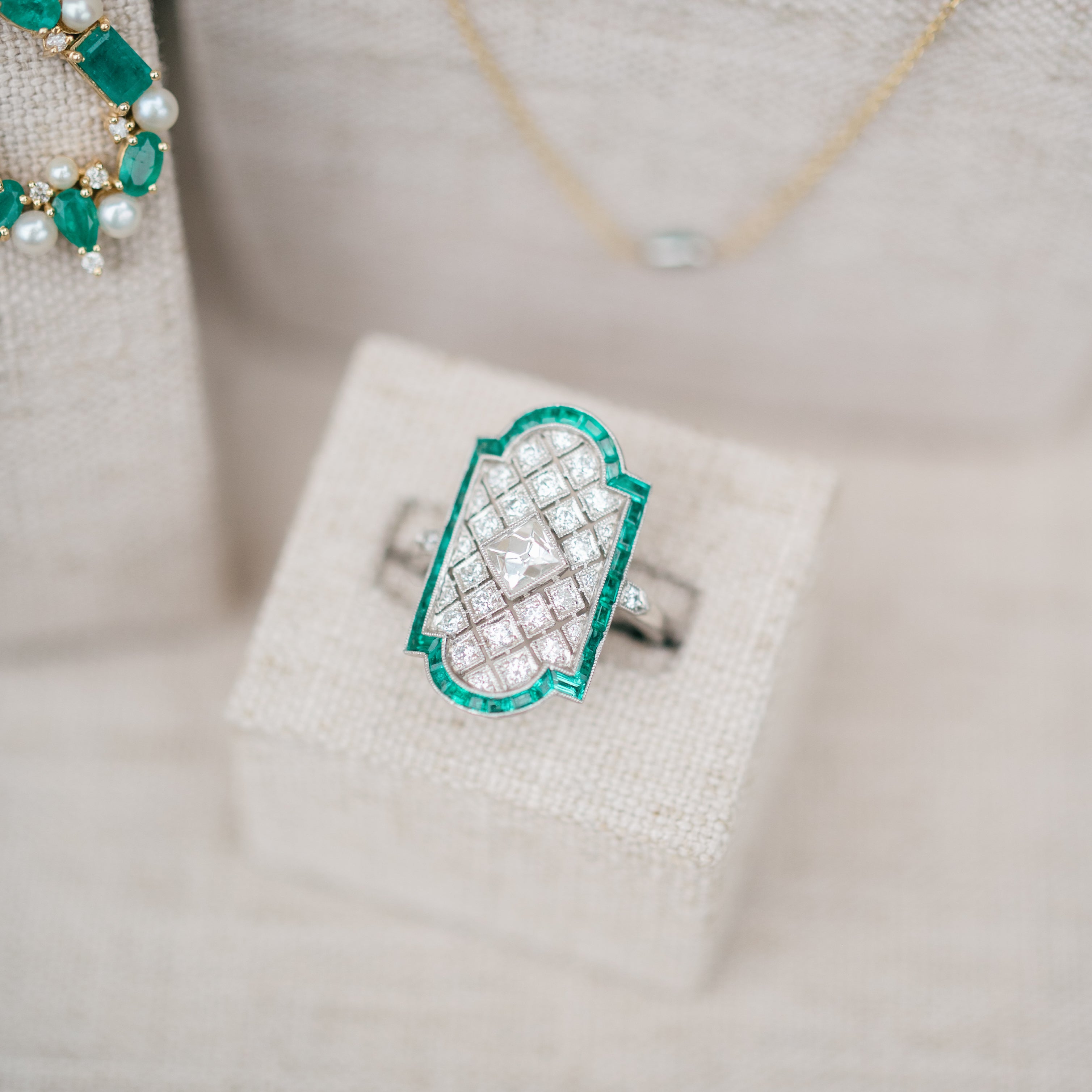 French Cut Diamond and Emerald Ring