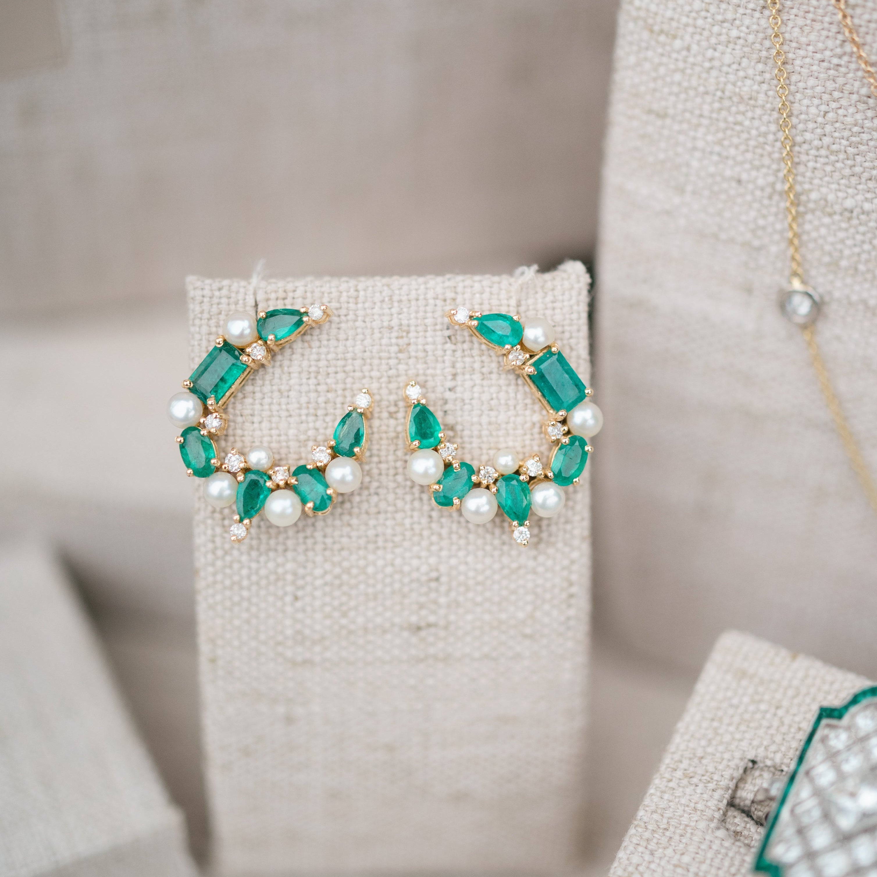emerald and pearl crescent earrings