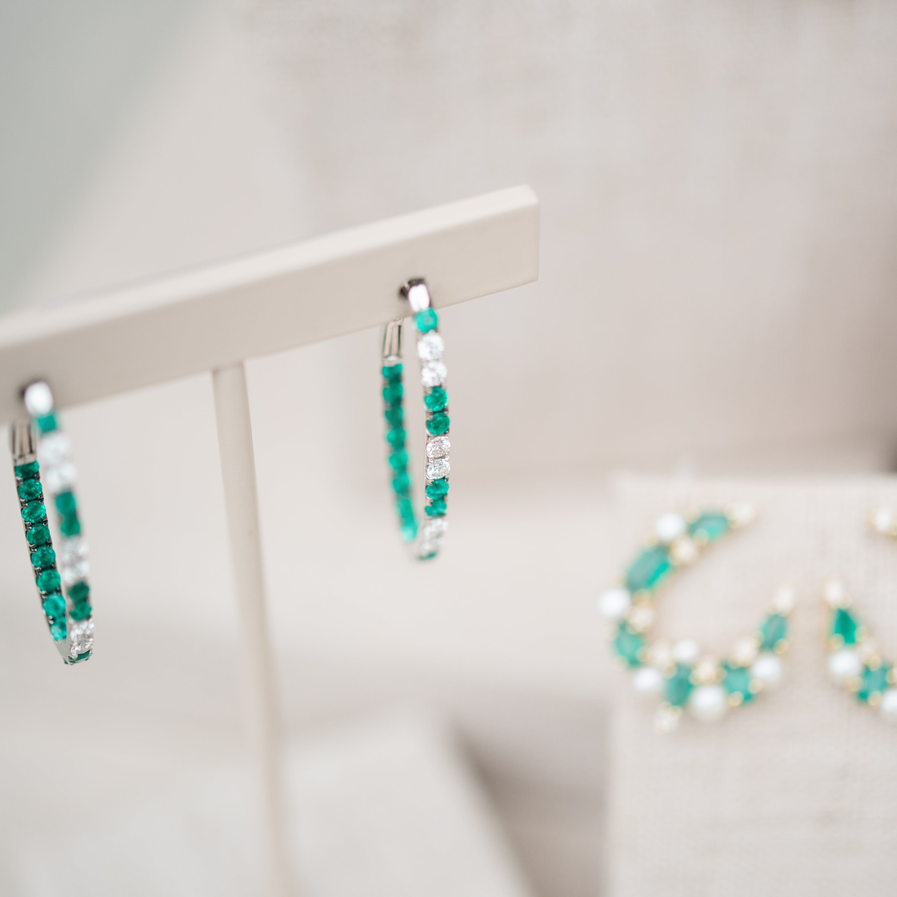 Emerald and Diamond Elongated Hoops