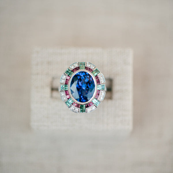 tanzanite, pink ruby and tourmaline ring