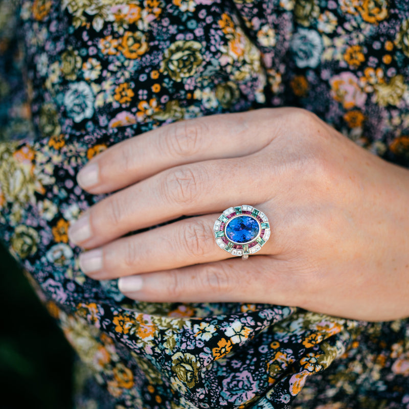 tanzanite, pink ruby and tourmaline ring