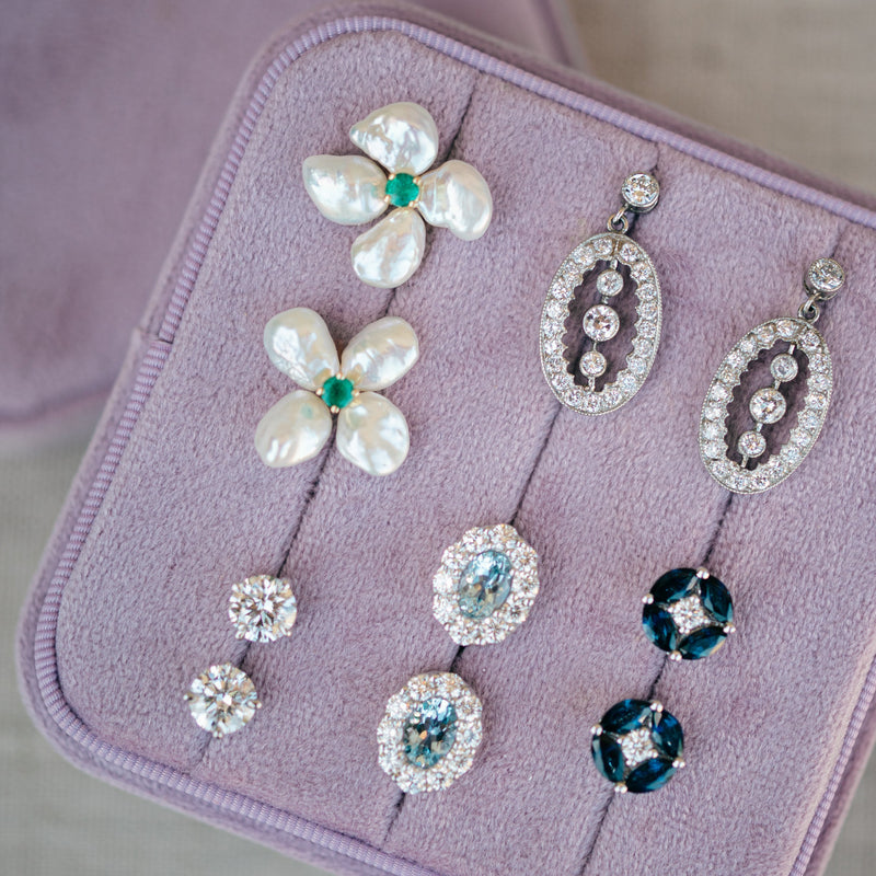 pearl and emerald flower studs