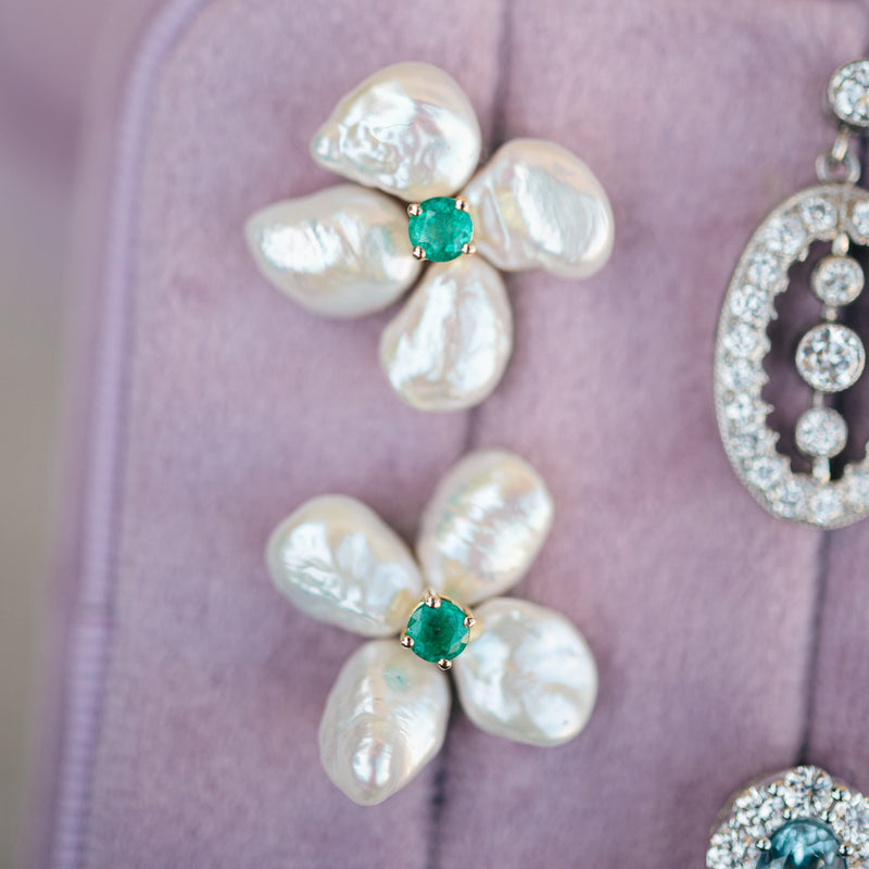 pearl and emerald flower studs