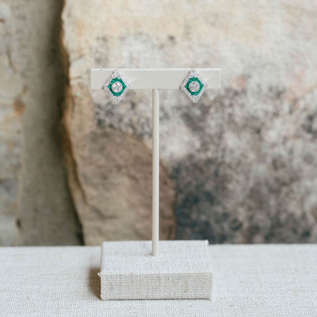 Vintage Inspired Emerald and Diamond Earrings