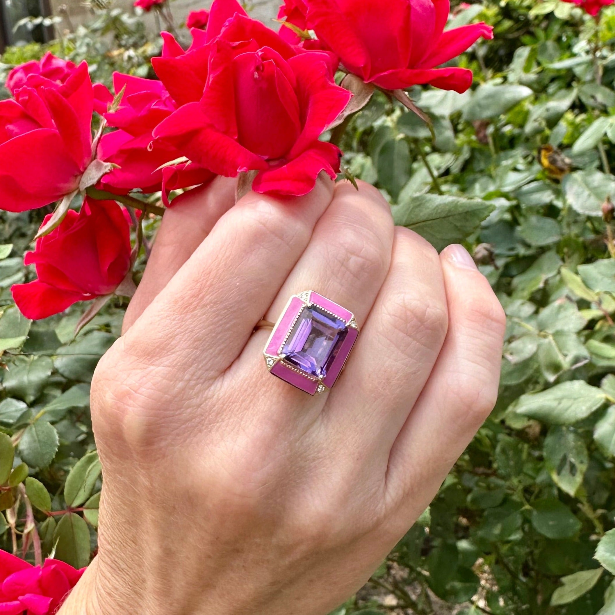 Amethyst and Pink Enamel Ring